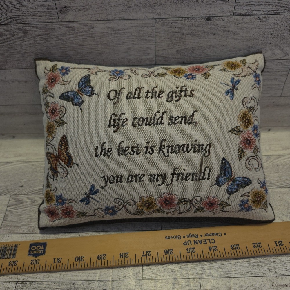 Collection Etc Friend Stitched Pillow Butterflies Flower Tan Brown Throw Pillow - Picture 2 of 7